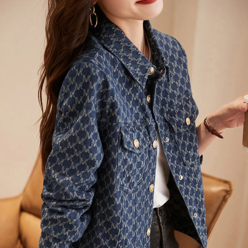 Winter Clothing On Sale Women'S - Blauwe dames denim jassen met print