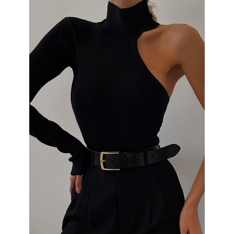 Winter Clothing For Woman - Effen asymmetrische geribbelde gebreide bodysuit met